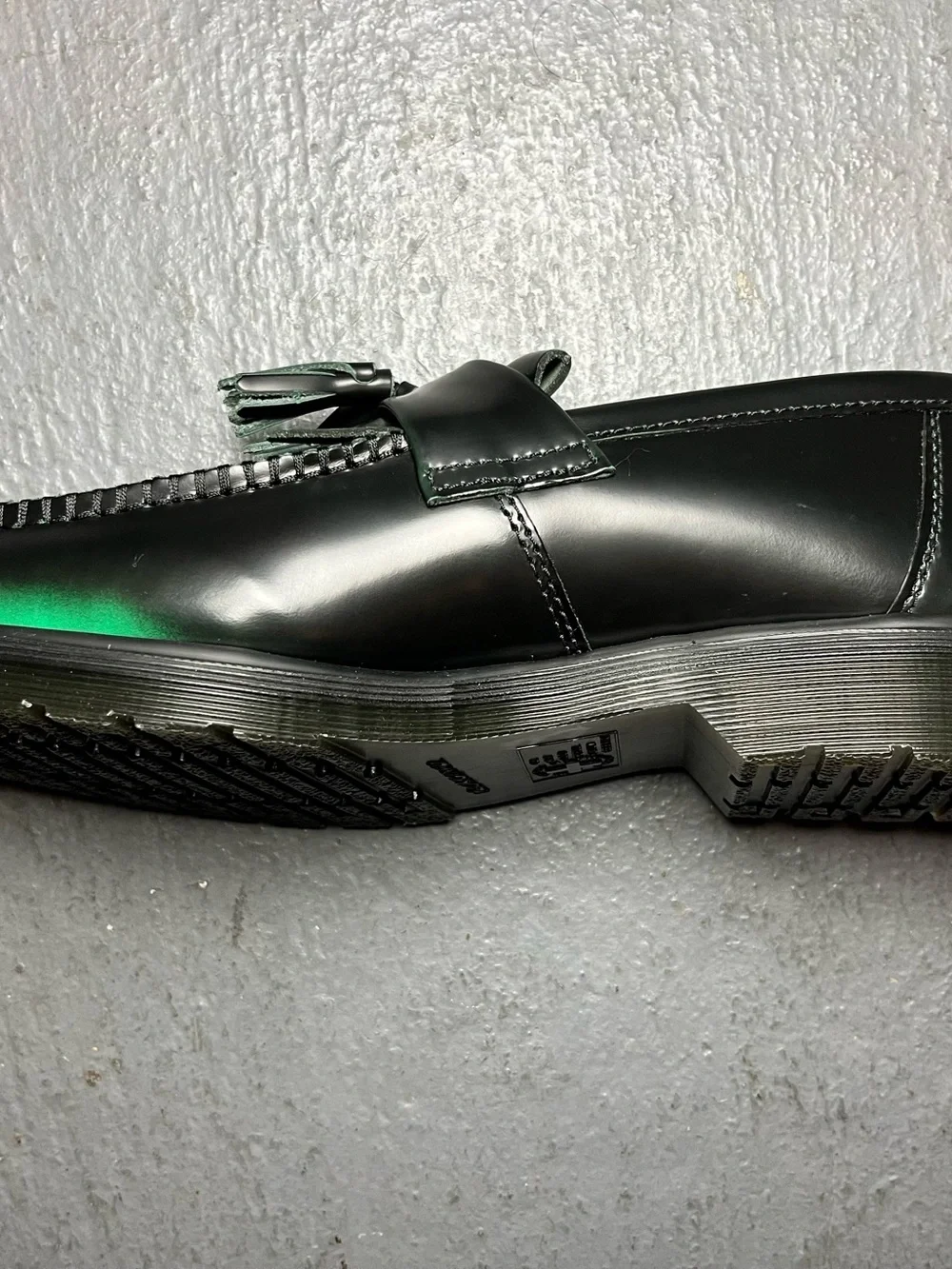 Dr. Martens Black Loafers with Green Toe Accent and Tassels